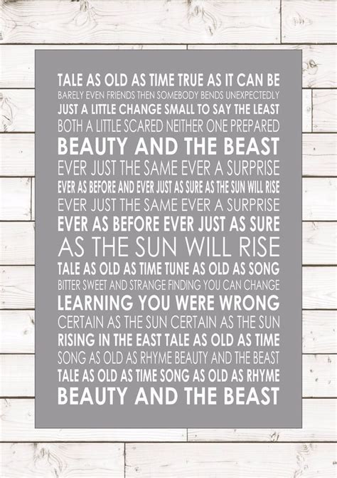 All posts must include only elements and subjects of at least 20 years old from the post time. TALE AS OLD AS TIME - BEAUTY AND THE BEAST Typography Words Song Lyric Lyrics | eBay | Music ...