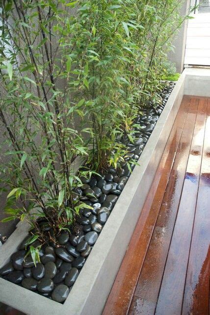 In this example, the owner shortened a few of the standard bamboo poles in the panel to create a playful effect. Black bamboo and black rocks, very cool. | Bamboo planter, Modern landscaping, Bamboo garden