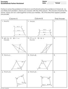 These geometry worksheets are perfect for learning and practicing various types problems about quadrilaterals and polygons. Quadrilaterals Partner Worksheet by Mrs E Teaches Math | TpT