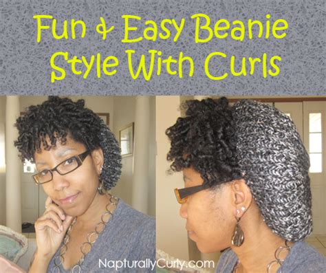 Leave a little hair in the front and cover your hair with the rest of the beanie to create a messy tuff. A Beanie With Curls: Fun Style For Transitioners & Naturals