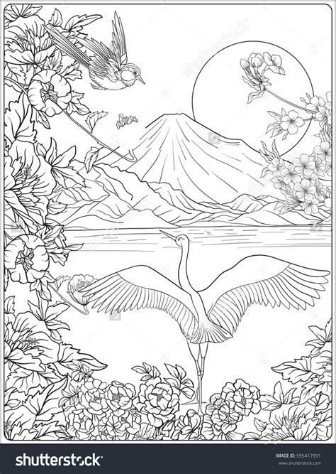 Dragon coloring pages for adults. Japanese Landscape with Mount Fuji and tradition flowers ...