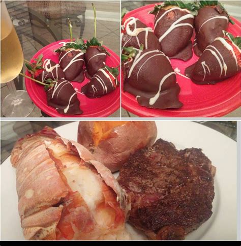 Red lobster chicken & steak. Lover's day menu...steak and lobster...baked sweet potato...chocolate covered strawberries and ...