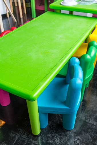 Vibrant plastic table and chairs set. Colorful Plastic Table And Chairs For Kids In Art School ...