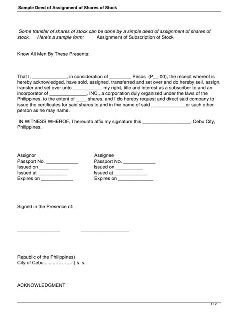 However, a statement explaining how the applicant derives its right to the patent from the inventor should be submitted to the malaysian ipo during the formal examination. sample-deed-of-assignment-of-shares-of-stock.pdf ...