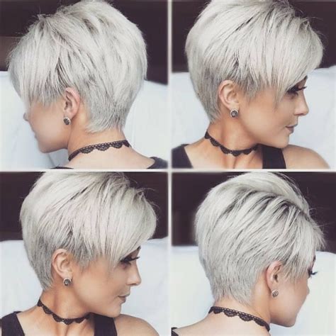 Gray hair looks stunning in this sleek graduated bob complimented with a side parting and long bangs that can be tucked for a more playful feel. 20 Photo of Gray Pixie Hairstyles For Thick Hair