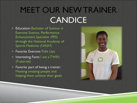 Find personal trainers certified by national academy of sports medicine (nasm). Meet a new member of our team, Candice! #movestrong ...