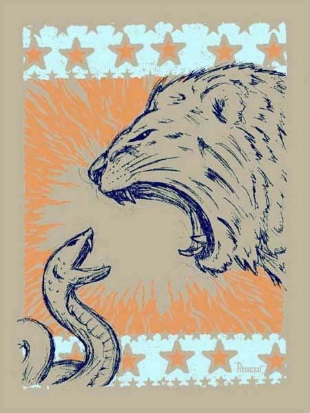Once a normal lion (presumably owned by rose quartz in the desert hundreds of years ago), lion eventually died through unknown means. Lion vs. Snake Serigraph Art Print / Will Ruocco Art & Design