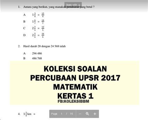 Jawapan dan soalan upsr matematik kertas 1 2017 | koleksi. Koleksi Bahan Bantu Belajar (BBM): KOLEKSI SOALAN ...