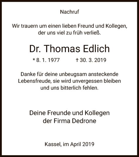He was married to brigitte. Traueranzeigen von Thomas Edlich | Trauer.HNA.de