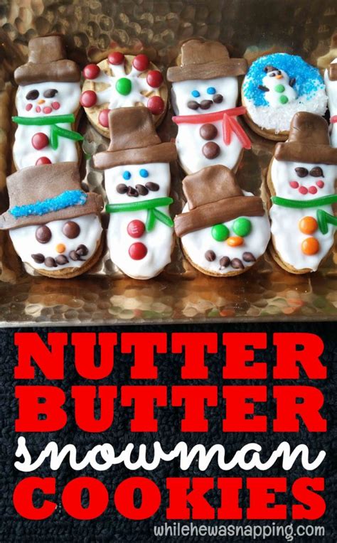 Homemade nutter butters with a sweet peanut butter filling and crisp peanut butter cookies! Nutter Butter Snowmen Cookies | While He Was Napping