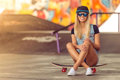 Want to discover art related to crossedlegs? Wallpaper : blonde, legs crossed, skateboard, women with ...