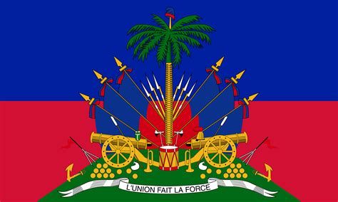 It is a bicolour flag featuring two horizontal bands coloured blue and red, emblazoned by a white rectangular panel bearing the coat of arms of haiti. Fixed your flag, Haiti. : vexillology