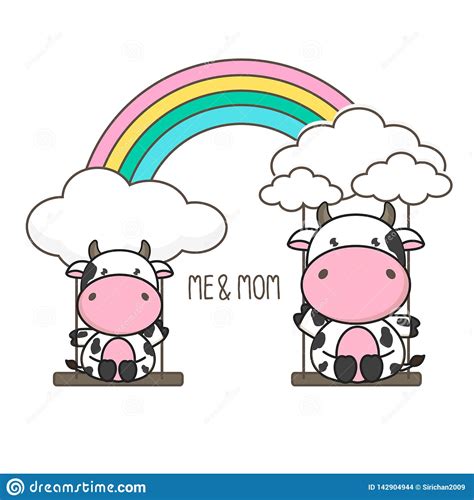Een regenboog heeft iets magisch. Koe En Babyschommeling Op Een Regenboog De Kaart Van De Moeder` S Dag Vector Illustratie ...