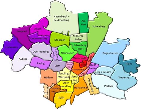 Conta atualmente cerca de 1,3 milhão de habitantes (2012), enquanto a sua região metropolitana, que engloba diversas cidades vizinhas ou próximas a munique, abriga mais de 2,6 milhões de pessoas. Munique bairro do mapa de Munique distritos mapa (Baviera ...