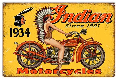 Our prints showcase the great innovations of humanity, documented for posterity in 36 diameter holes drilled for easy hanging tin sign w/ beautifully printed logo… indian motorcycles. Indian Motorcycle Pin Up Girl Reproduction Garage Metal ...