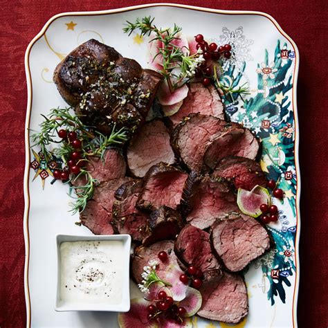 Herb and butter roasted beef tenderloin with horseradish and caramelized onions. Herb-Crusted Beef Tenderloin Recipe | Williams-Sonoma Taste