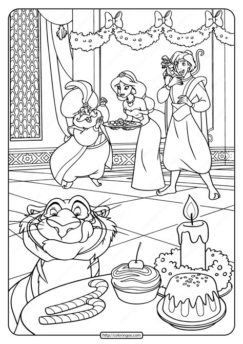 Aladdin & jasmine holding hands. Printable Sultan Aladdin and Jasmine Pdf Coloring Page