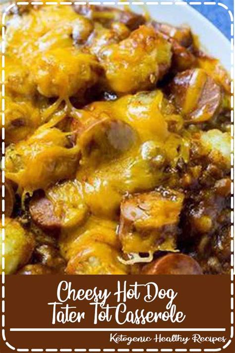 Busy night recipe that will be a huge hit with your kids. Cheesy Hot Dog Tater Tot Casserole - elliehibbins