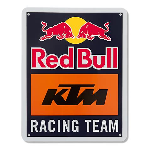 On their first logo seen red bull logo on top and word racing in bottom, under it written formula one team, behind it drawn gray checkered flag and red. Red Bull KTM Racing Team Shop: Racing Team Metallschild ...