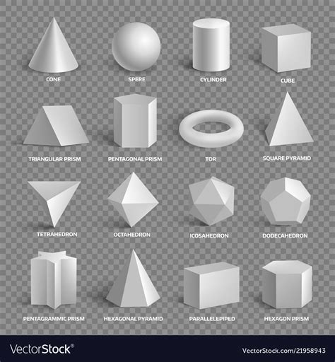 Find images of basic shapes such as circles, triangles, squares, pentagons and hexagons as well as star shapes such as pentagrams and hexagrams. Basic 3d geometric shapes collection with names Vector Image