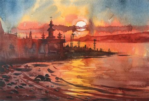 Too little sizing and the paper can act like blotting paper. Sunrise, Watercolor on paper, Size A4. : painting