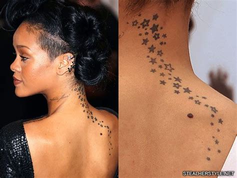 A star tattoo is a broad symbol that can range from simple to complex, a field of stars covering a large space or a single star placed on the wrist and hold countless meanings. Rihanna Star Neck, Upper Back Tattoo | Steal Her Style