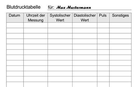 Übersichtliche blutdrucktabelle zum ausfüllen und ausdrucken. Blutdrucktabellen - praktische Hilfsmittel zur Blutdruck ...