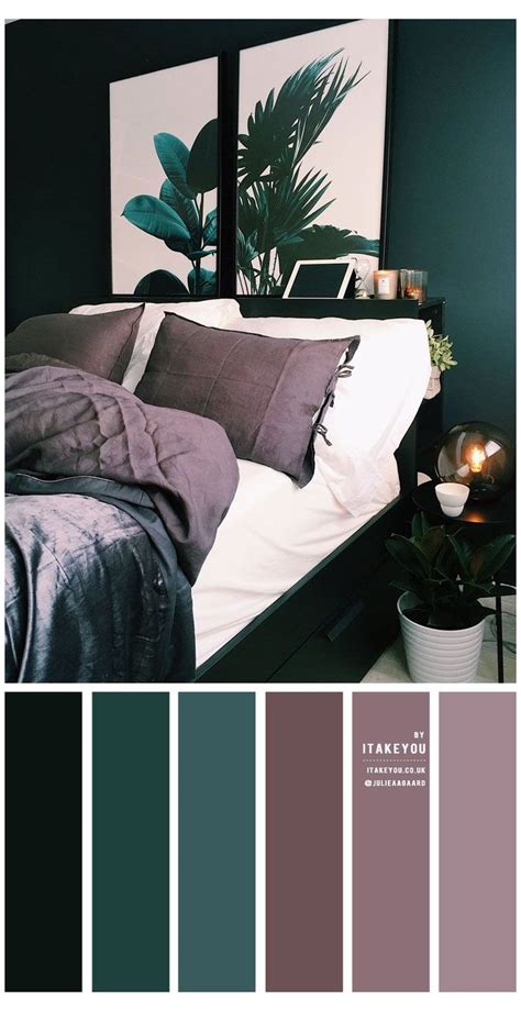 We love the sense of calm this color projects throughout the room and how well it plays with natural wood and other organic materials. Dark Green and Dark Mauve Bedroom #rose #gold #bedroom # ...