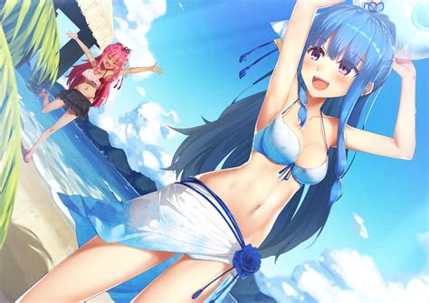 Hair colors for green eyes. 2girls ball beach bikini blue hair blush breasts clouds ...