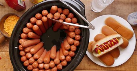 To reach this temperature a slow cooker takes 4 hours on high settings and 8 hours on low. Line hot dogs upright in slow cooker & get ready for ...