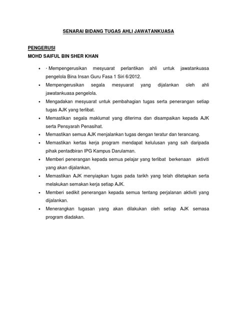 Documents similar to senarai tugas ahli jawatankuasa projek. Senarai Bidang Tugas Ahli Jawatankuasa