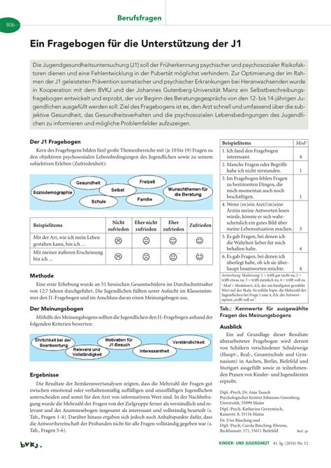 Bei der j1 untersuchung kann dein kind mit dem arzt oder der ärztin seines vertrauens in ruhe über alles zusätzlich zu der j1 gibt es inzwischen eine weitere optionale vorsorgeuntersuchung, die j2. (PDF) Ein Fragebogen für die Unterstützung der J1