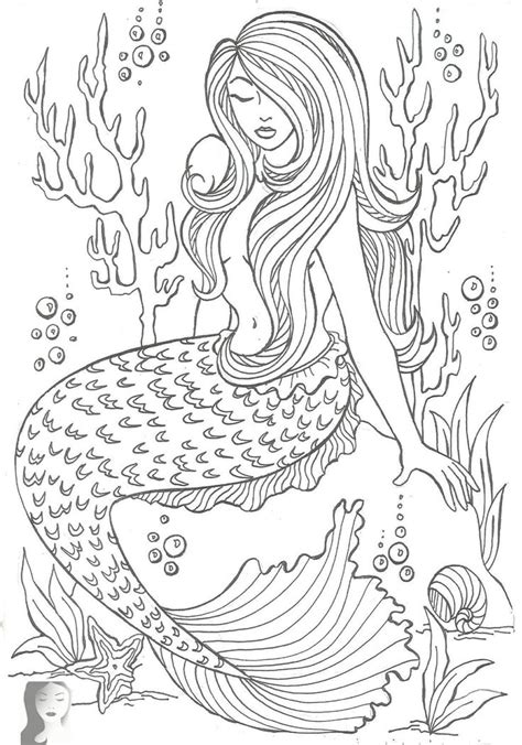 A thoughtful mermaid with her eyes closed. 258 best images about Mermaid Coloring Pages for Adults on ...