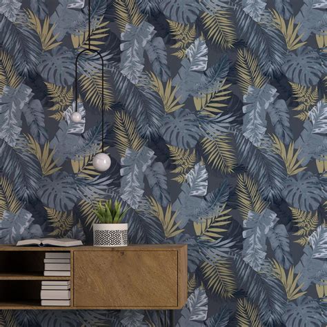 Wallpaper adhesives complete wallpaper adhesive manufacturer listing is here. Navy Green Gold Tropical Flower Wallpaper Textured Vinyl ...