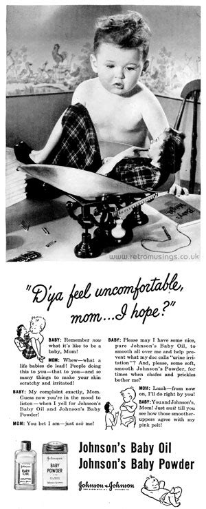 Johnson & johnson is looking for babies and one of their parents to appear in an industrial shoot for johnson & johnson baby lotion. Johnson's ~ Baby Oil & Baby Powder Adverts [1944-1948 ...