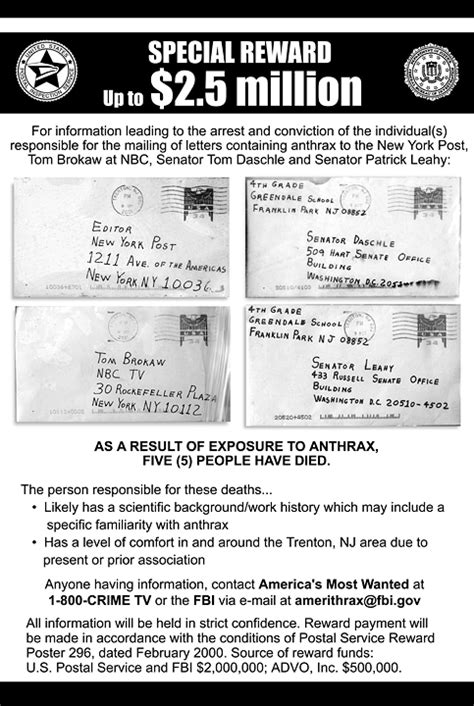 The 2001 anthrax attacks in the united states, also known as amerithrax from its federal bureau of investigation (fbi) case name, occurred over the course of several weeks beginning on tuesday, september 18, 2001, one week after the september 11 attacks. 9-11 Review: Anthrax Terror