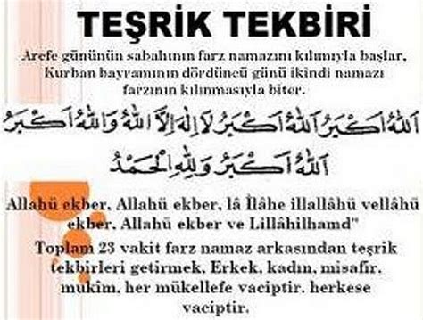 Teşrik tekbirleri, kurban bayramı günlerinde farz namazlardan sonra getirilen tekbirlerdir.kurban bayramı'nın arefe günü sabah. Teşrik Tekbiri nedir nasıl alınır