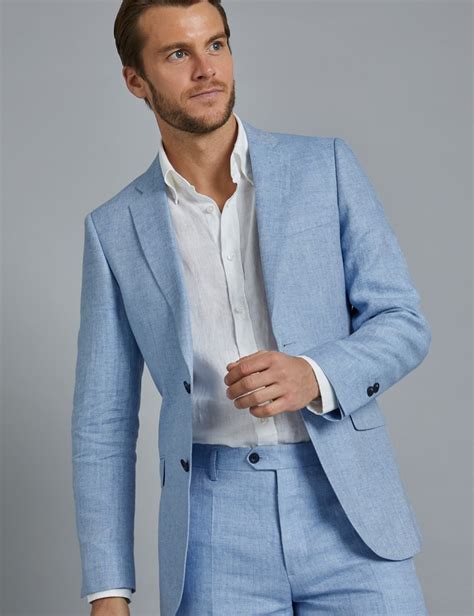 If you want an alternative to your timeless black suit, then maybe blue is the colour for you. Men's Light Blue Herringbone Linen Tailored Fit Italian ...