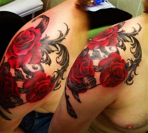 This tattoo features one large rose on the shoulder, as well as hibiscus flowers with beautifully patterned leaves. Asgard Rose Shoulder Tattoo | Quarter sleeve tattoos ...