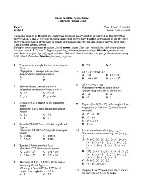 Soalan kbat matematik tahun 4. soalan matematik tingkatan 4 peperiksaan pertengahan tahun ...