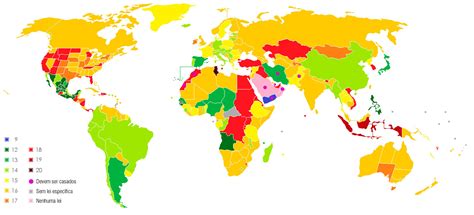 The age of consent is 16 years in 76 nations around the world. Mapa com a idade Legal para sexo heterossexual consentido ...