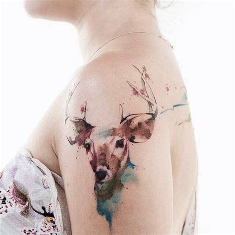 Deer sleeve tattoos, deer chest tattoos, deer thigh tattoos, etc., are all popular choices to get deer tattoos. Watercolor style deer on the right shoulder.