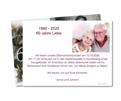 Kostenlose hochzeitseinladungen zum ausdrucken und downloaden, grusskarten und einladungskarten gratis. Karte zum Hochzeitsjubiläum Diamantene Hochzeit │ Planet-Cards.de