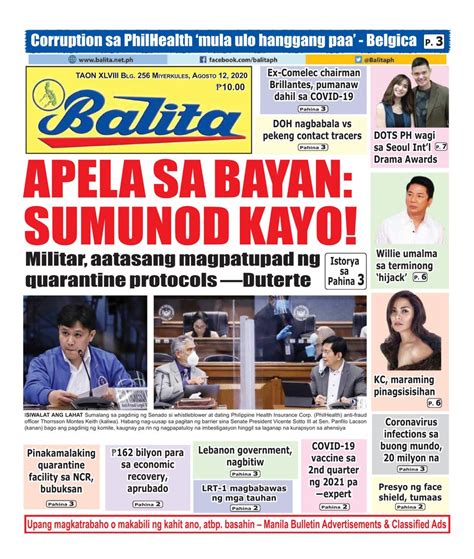 The following daily tabloids are mostly in pilipino or tagalog language with the exception of people's journal and tempo, which pilipino star ngayon the sister publication of the philippine star in the national language. Balita-August 12, 2020 Newspaper - Get your Digital ...