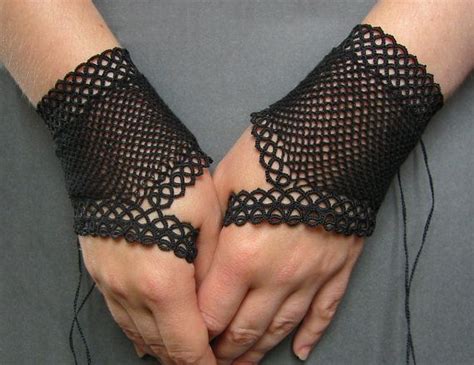 Turn crocheted glove inside out. Black fingerless fishnet gloves - tatted lace and crochet ...
