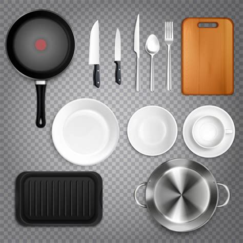 De hecho, los cocineros más importantes del mundo, siempre van acompañados de su propio juego de cuchillos de cocina. Utensilios de cocina realista conjunto vista superior con ...