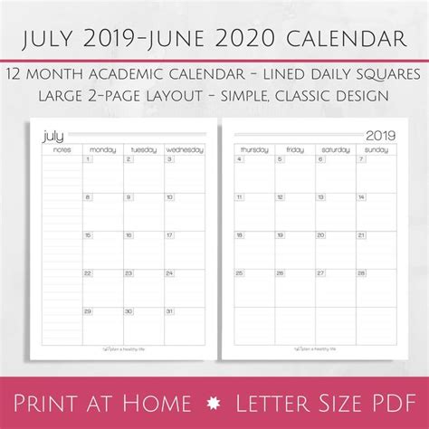Printable blank calendar for 2020. Printable July 2019-June 2020 Academic Monthly Calendar ...