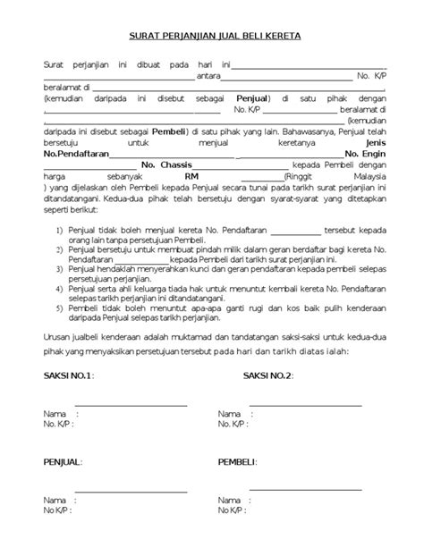 Sekiranya perjanjian tamat atau ditamatkan oleh tuan rumah atau penyewa, adalah menjadi tanggunjawab penyewa untuk menyerahkan kunci rumah kepada tuan rumah atau wakilnya dengan segera. Surat Perjanjian Jual Beli Kereta A