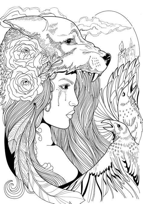 Coloring pages for adults wolf. Wolf Woman crow roses feathers. linework. tattoo ...