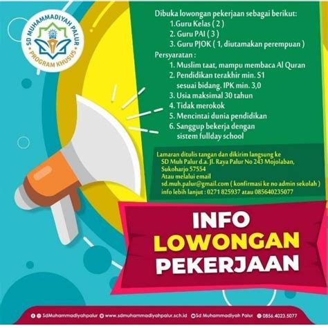 Temukan dan cari lowongan kerja terbaru di bulan april 2021 yang sesuai pendidikan dan bidang kamu. Lowongan Kerja SD Muhammadiyah Palur - INFO LOKER SOLO